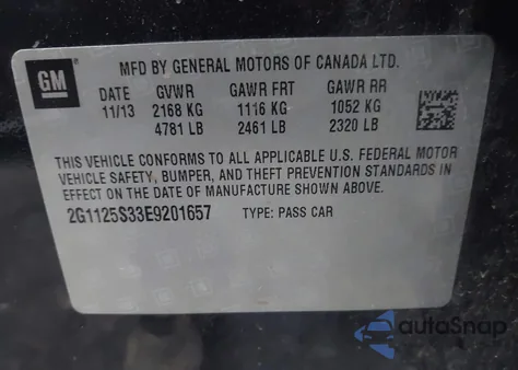 2014 Chevrolet Impala 2Lt z USA, uszkodzony, nr VIN 2G1125S33E9201657